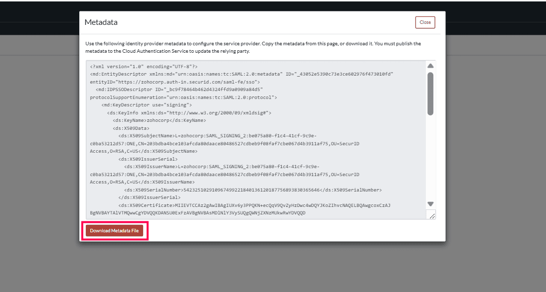 downloading-metadata-from-rsa-cloud-adselfserviceplus.jpg Downloading IdP metadata from RSA cloud for ADSelfService Plus